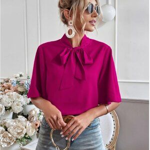 Hot Pink Tie-Neck Blouse – Women’s Elegant Short Sleeve Top – Size M